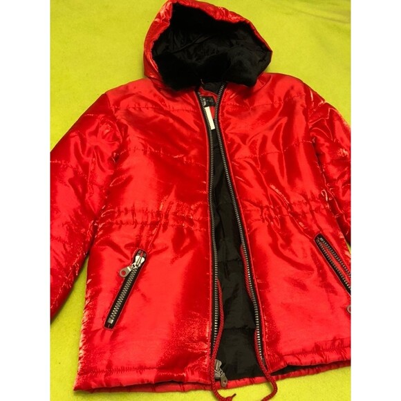 Andy Johns AJ Red Zip Puffer Jacket Coat Hood Fur Collar Medium - Picture 1 of 4